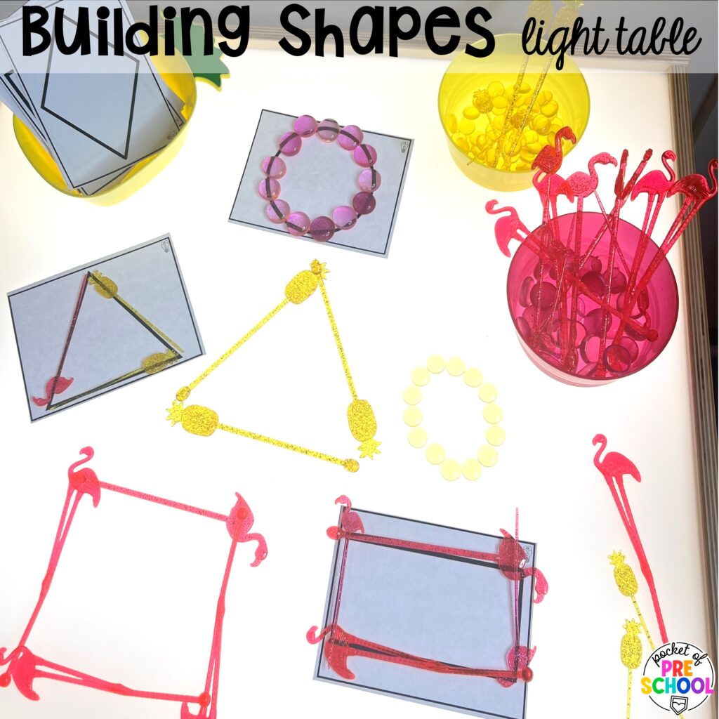 Building shapes light table! Math light table activities designed for preschool, pre-k, and kindergarten classrooms. Ideas for colors, shapes, counting, measurement, and more!