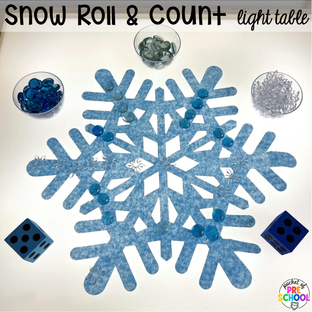 Snow roll & count light table! Math light table activities designed for preschool, pre-k, and kindergarten classrooms. Ideas for colors, shapes, counting, measurement, and more!
