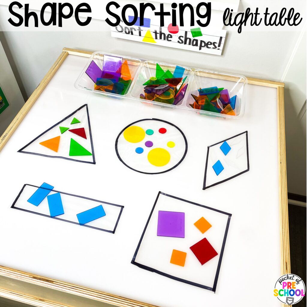 Shape sorting light table! Math light table activities designed for preschool, pre-k, and kindergarten classrooms. Ideas for colors, shapes, counting, measurement, and more!