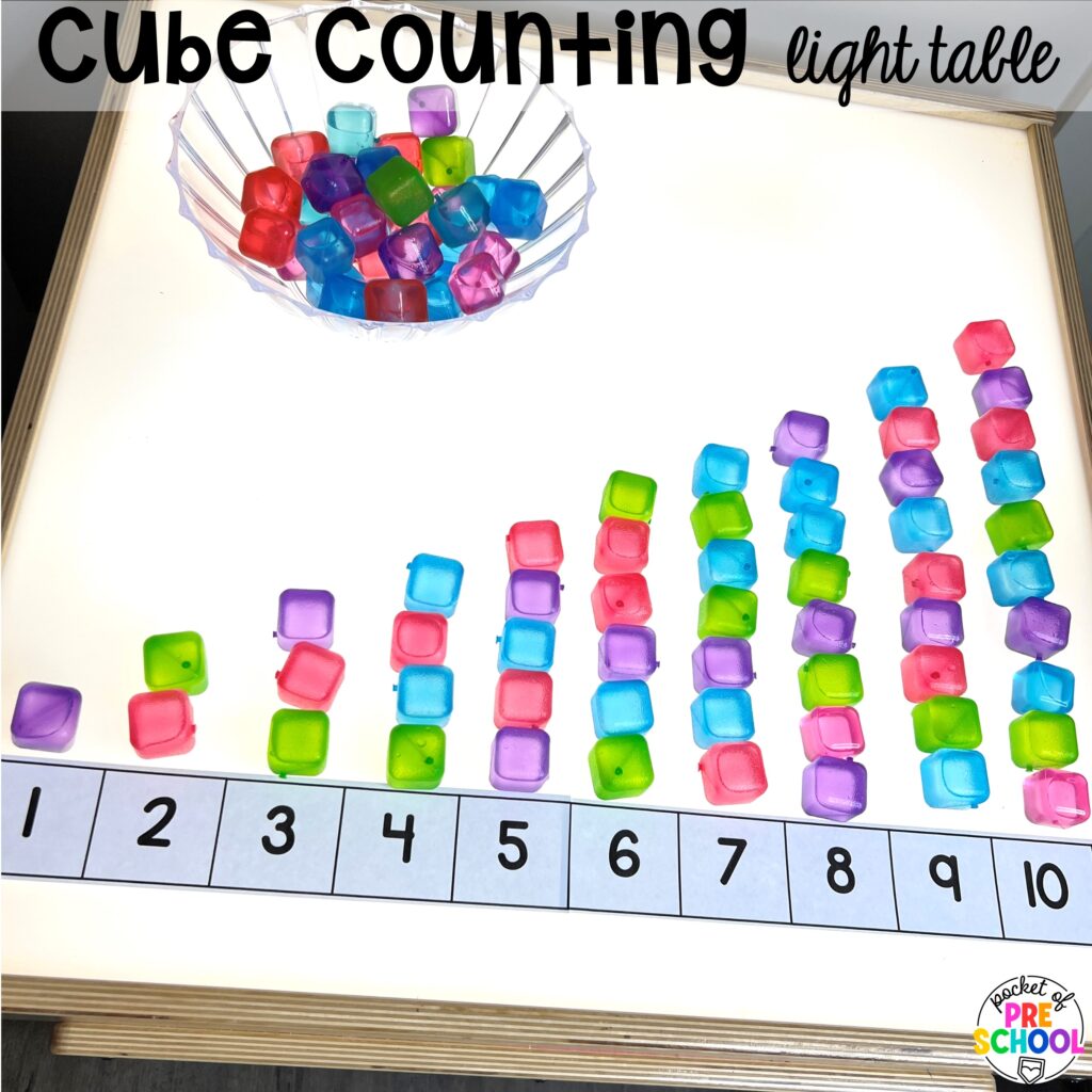 Cube counting light table! Math light table activities designed for preschool, pre-k, and kindergarten classrooms. Ideas for colors, shapes, counting, measurement, and more!