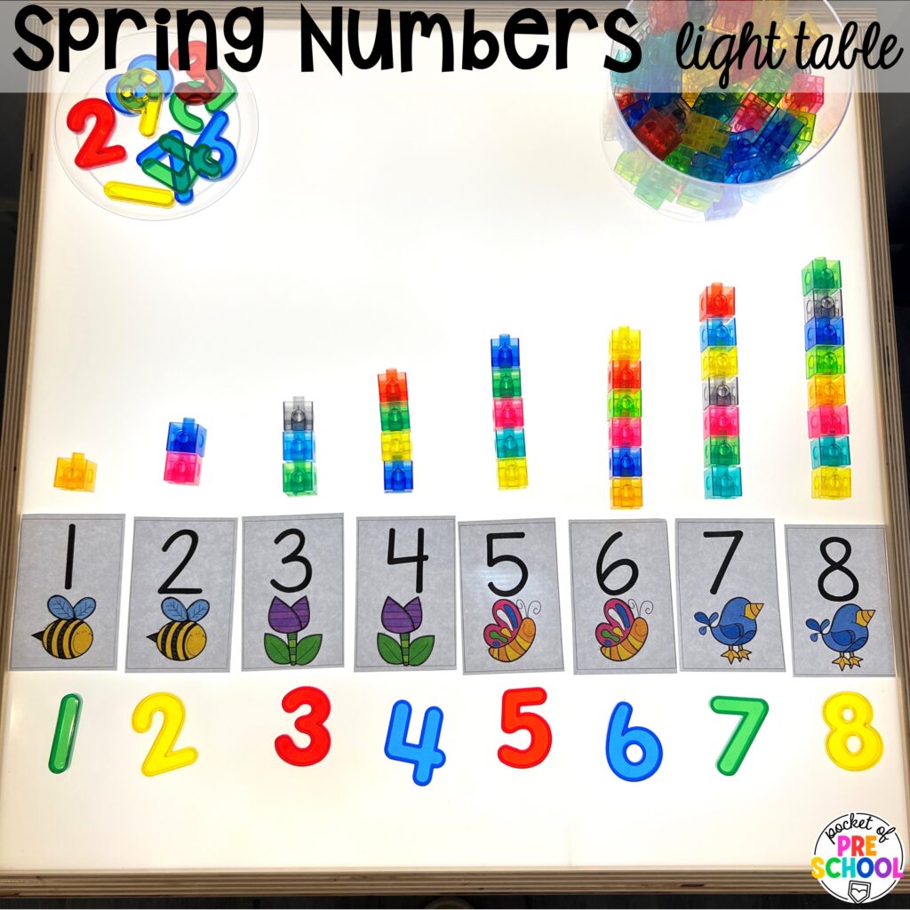 Spring numbers light table! Math light table activities designed for preschool, pre-k, and kindergarten classrooms. Ideas for colors, shapes, counting, measurement, and more!