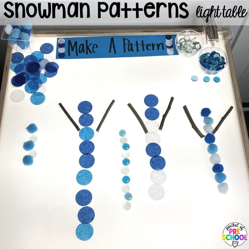 Snowman patterns light table! Math light table activities designed for preschool, pre-k, and kindergarten classrooms. Ideas for colors, shapes, counting, measurement, and more!