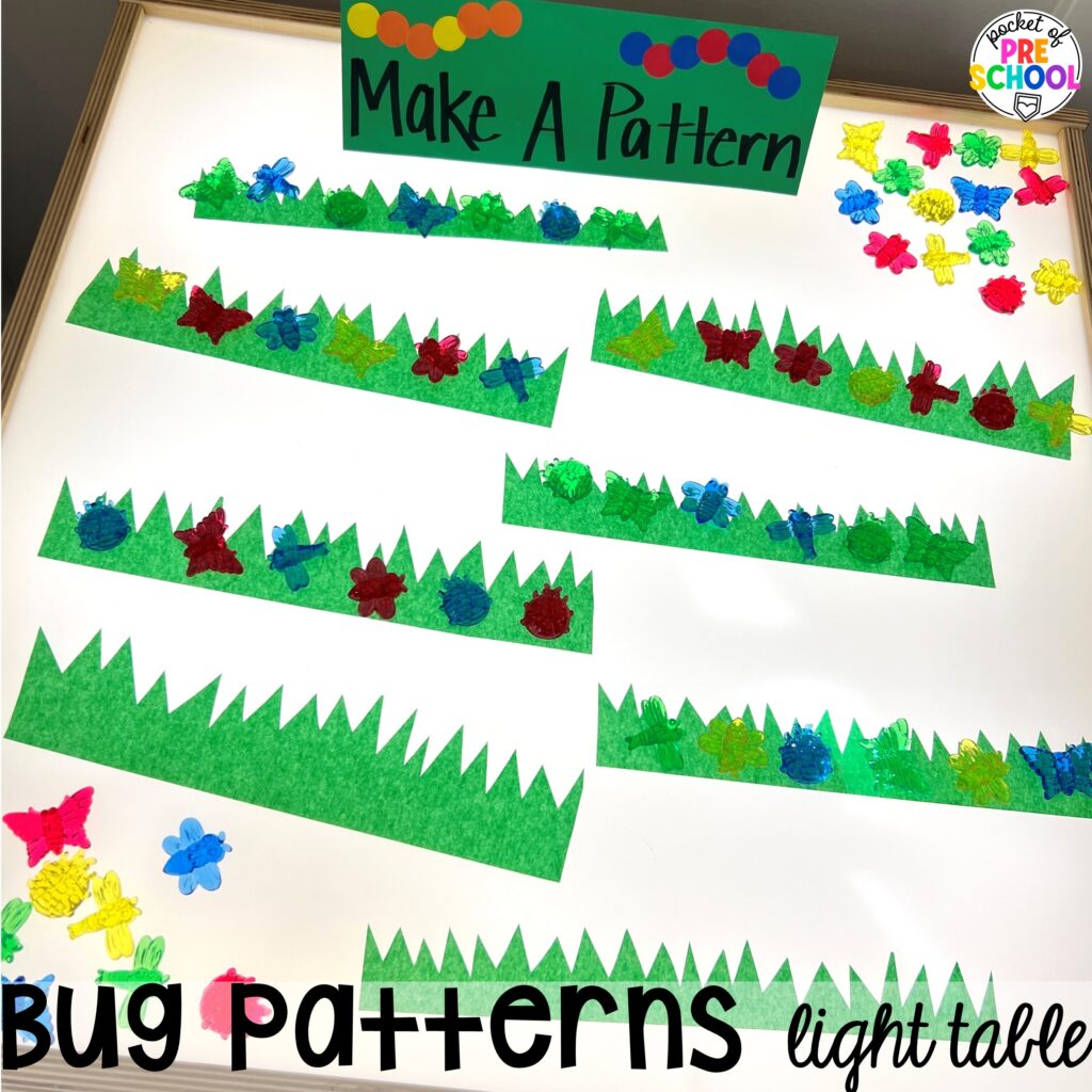 Bug patterns light table! Math light table activities designed for preschool, pre-k, and kindergarten classrooms. Ideas for colors, shapes, counting, measurement, and more!
