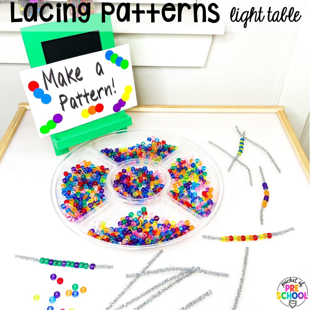 Lacing patterns light table! Math light table activities designed for preschool, pre-k, and kindergarten classrooms. Ideas for colors, shapes, counting, measurement, and more!
