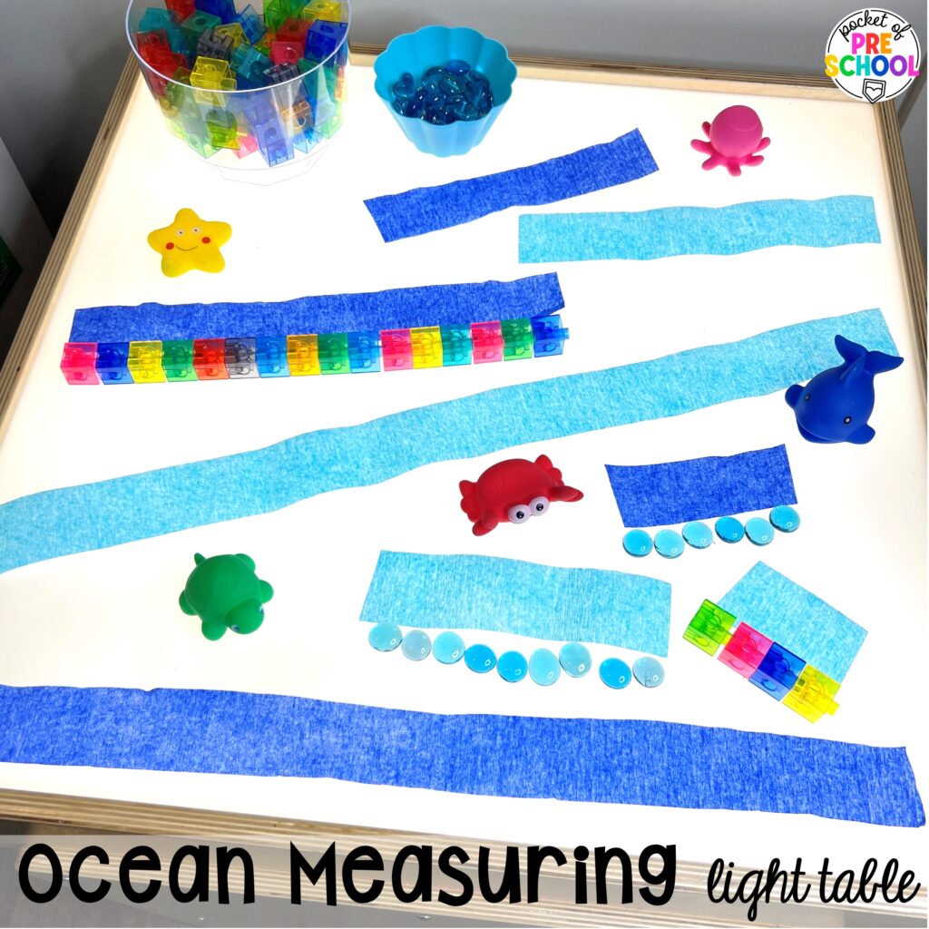Ocean measuring light table! Math light table activities designed for preschool, pre-k, and kindergarten classrooms. Ideas for colors, shapes, counting, measurement, and more!