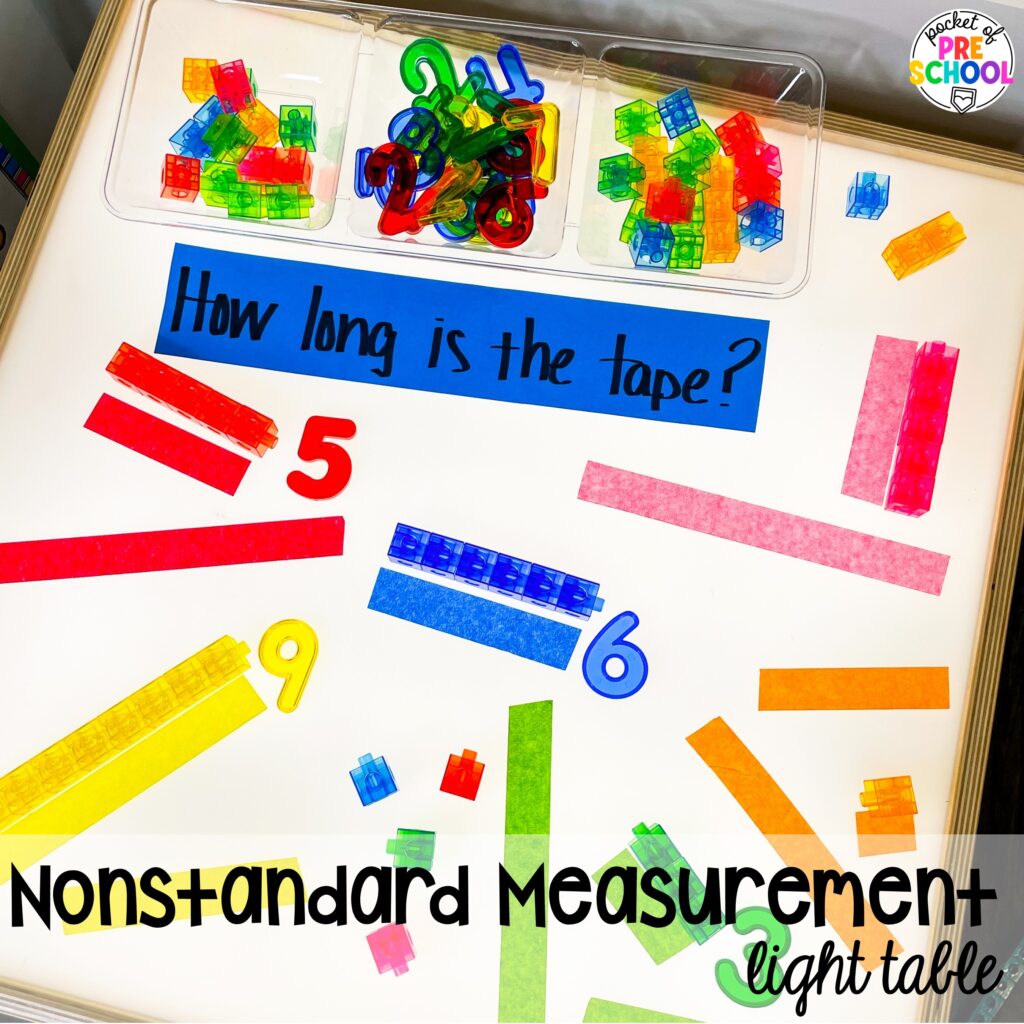 Nonstandard measurement light table! Math light table activities designed for preschool, pre-k, and kindergarten classrooms. Ideas for colors, shapes, counting, measurement, and more!
