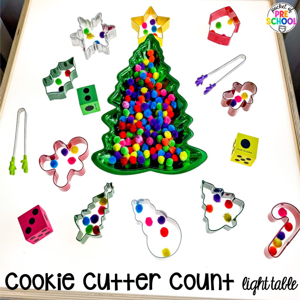 Cookie cutter count light table! Math light table activities designed for preschool, pre-k, and kindergarten classrooms. Ideas for colors, shapes, counting, measurement, and more!