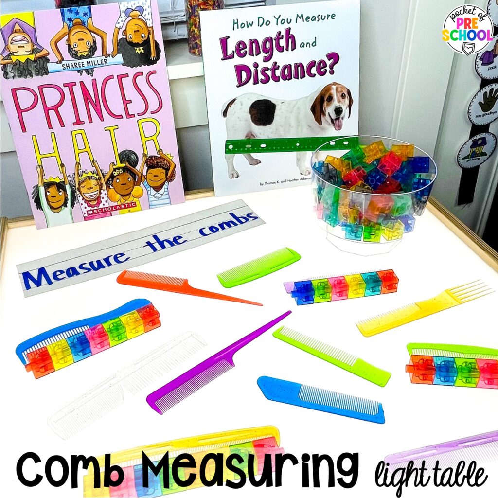 Comb measuring light table! Math light table activities designed for preschool, pre-k, and kindergarten classrooms. Ideas for colors, shapes, counting, measurement, and more!