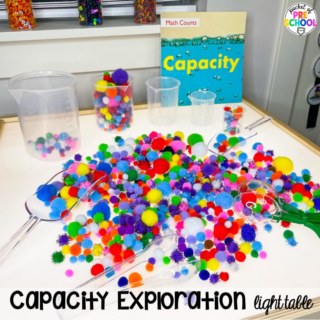 Capacity exploration light table! Math light table activities designed for preschool, pre-k, and kindergarten classrooms. Ideas for colors, shapes, counting, measurement, and more!