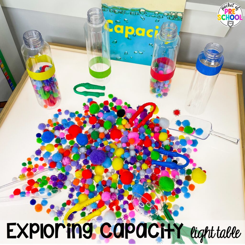 Exploring capacity light table! Math light table activities designed for preschool, pre-k, and kindergarten classrooms. Ideas for colors, shapes, counting, measurement, and more!