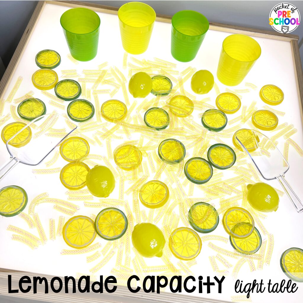 Lemonade capacity light table! Math light table activities designed for preschool, pre-k, and kindergarten classrooms. Ideas for colors, shapes, counting, measurement, and more!