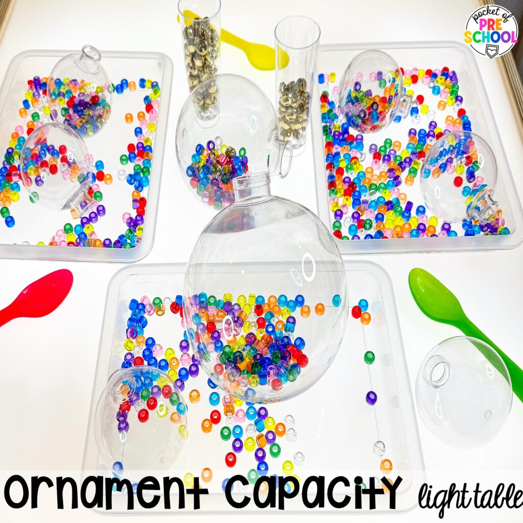 Ornament capacity light table! Math light table activities designed for preschool, pre-k, and kindergarten classrooms. Ideas for colors, shapes, counting, measurement, and more!