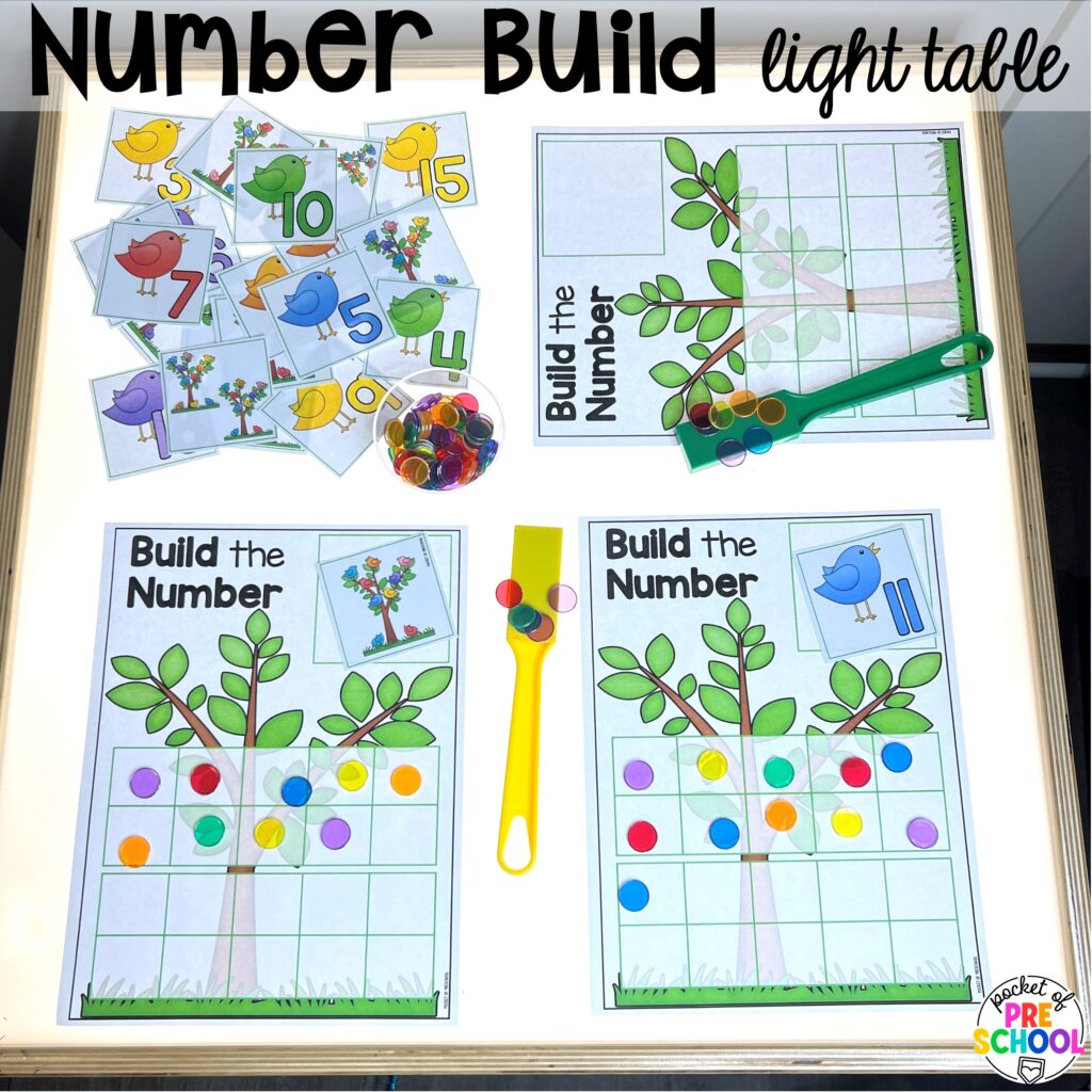 Number building mats light table! Math light table activities designed for preschool, pre-k, and kindergarten classrooms. Ideas for colors, shapes, counting, measurement, and more!