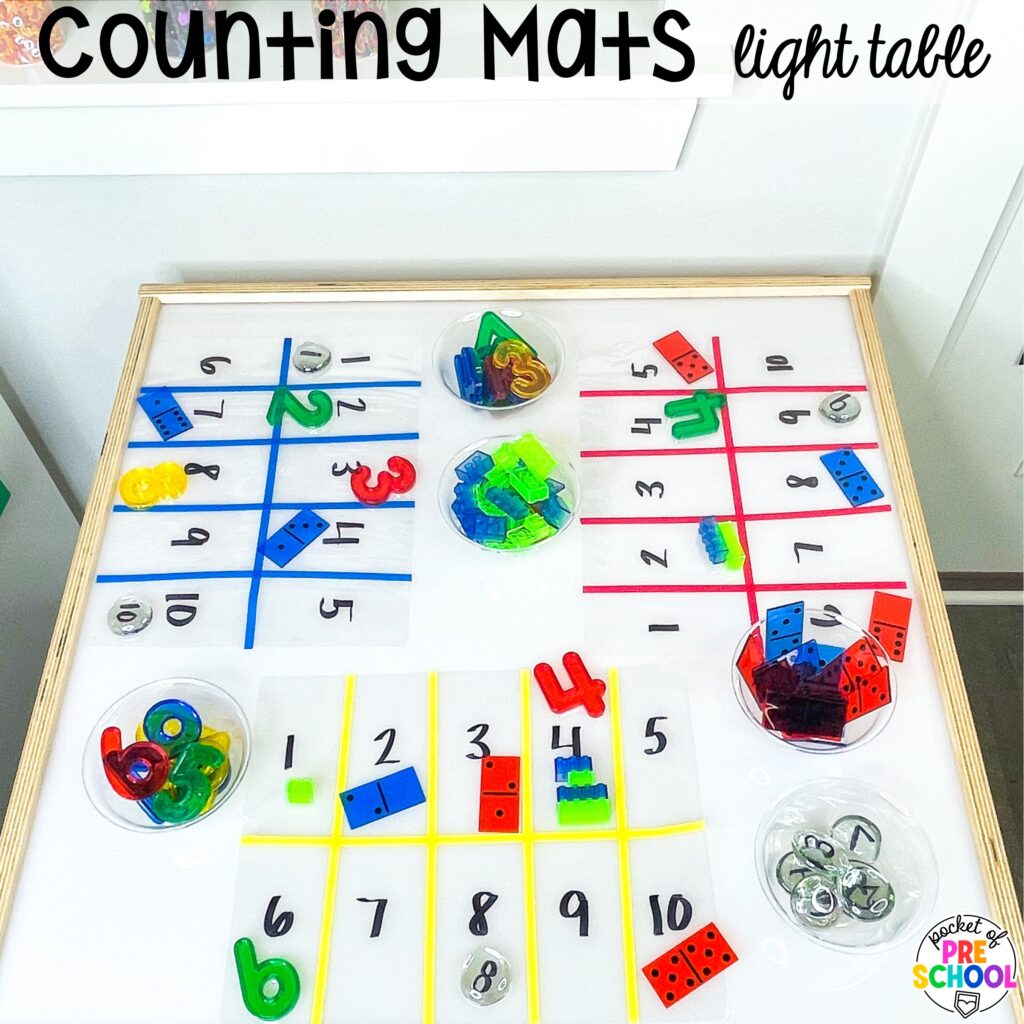 Counting mats light table! Math light table activities designed for preschool, pre-k, and kindergarten classrooms. Ideas for colors, shapes, counting, measurement, and more!