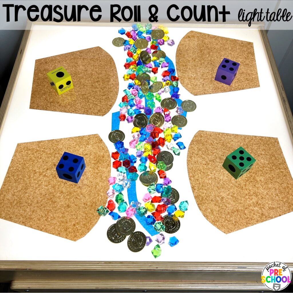 Treasure roll & count light table! Math light table activities designed for preschool, pre-k, and kindergarten classrooms. Ideas for colors, shapes, counting, measurement, and more!