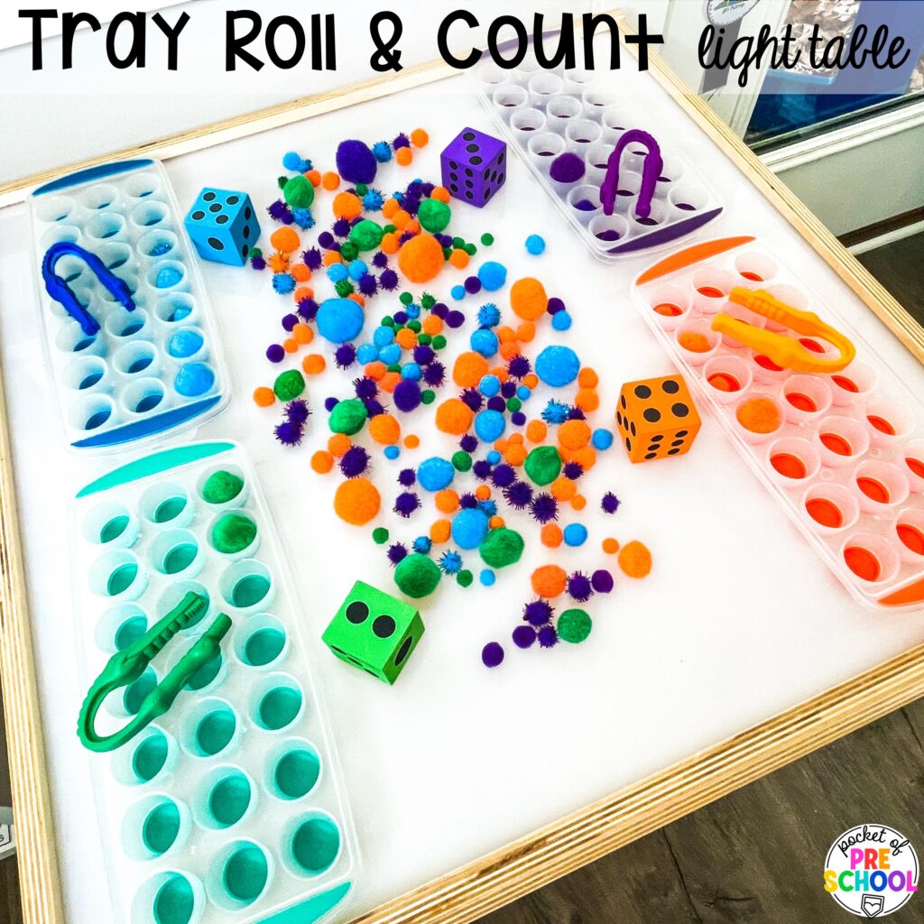 Tray roll & count light table! Math light table activities designed for preschool, pre-k, and kindergarten classrooms. Ideas for colors, shapes, counting, measurement, and more!