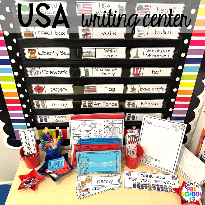 USA writing center! USA activities and centers for preschool, pre-k, and kindergarten students. These are perfect for President's Day, 4th of July, election time, or Veteran's Day.