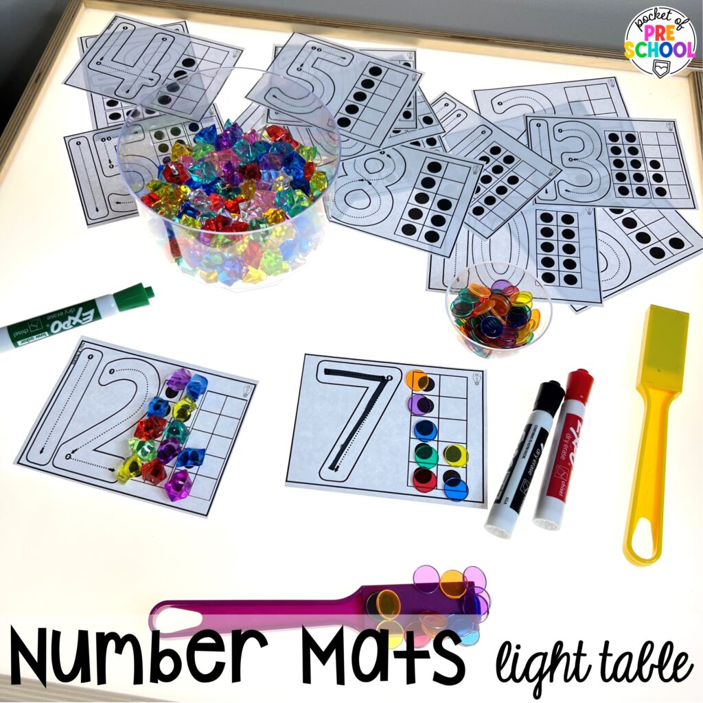 Number mats light table! Math light table activities designed for preschool, pre-k, and kindergarten classrooms. Ideas for colors, shapes, counting, measurement, and more!