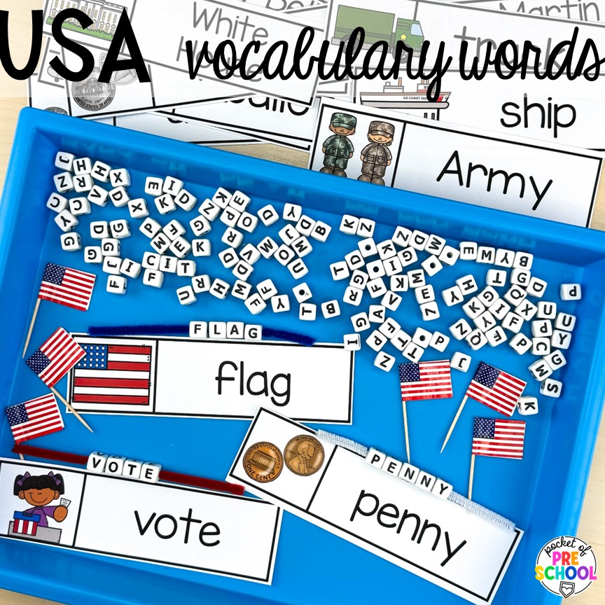 USA vocabulary words! USA activities and centers for preschool, pre-k, and kindergarten students. These are perfect for President's Day, 4th of July, election time, or Veteran's Day.