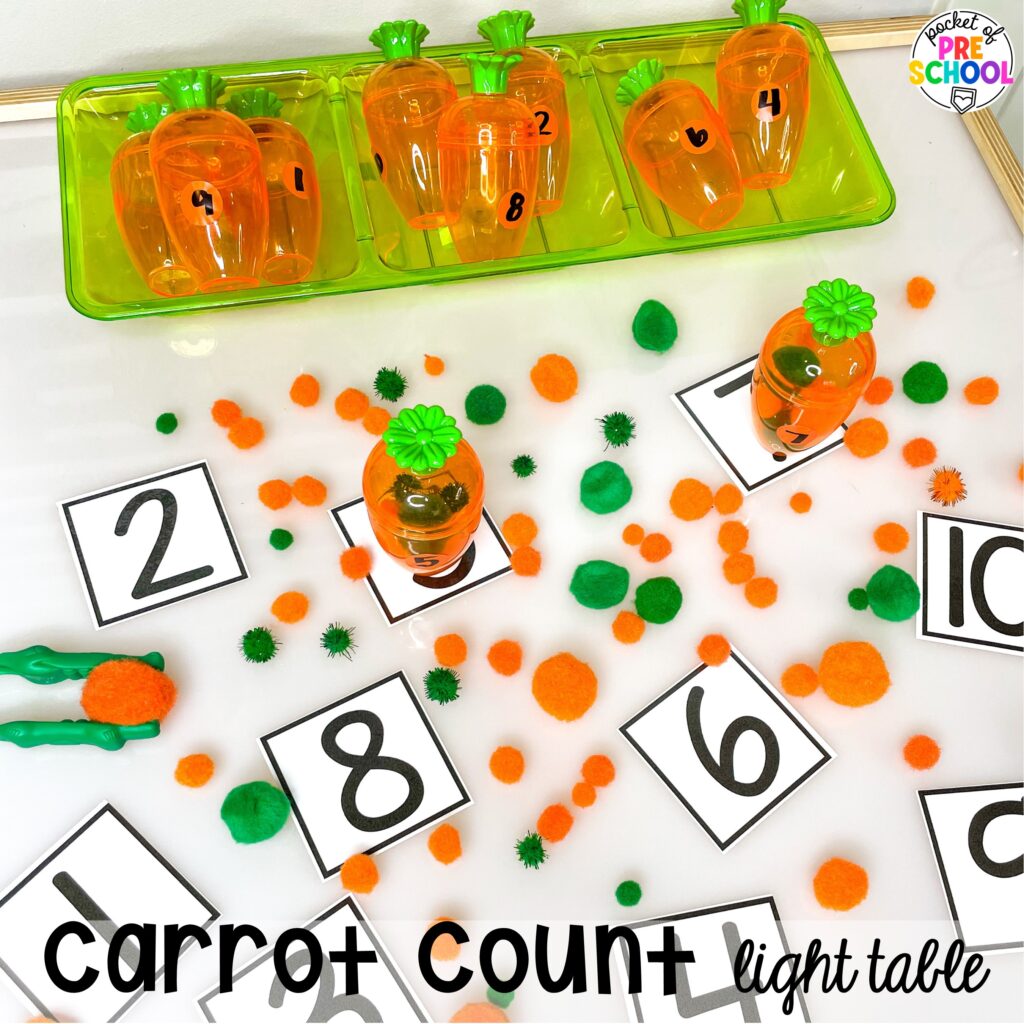Carrot count light table! Math light table activities designed for preschool, pre-k, and kindergarten classrooms. Ideas for colors, shapes, counting, measurement, and more!