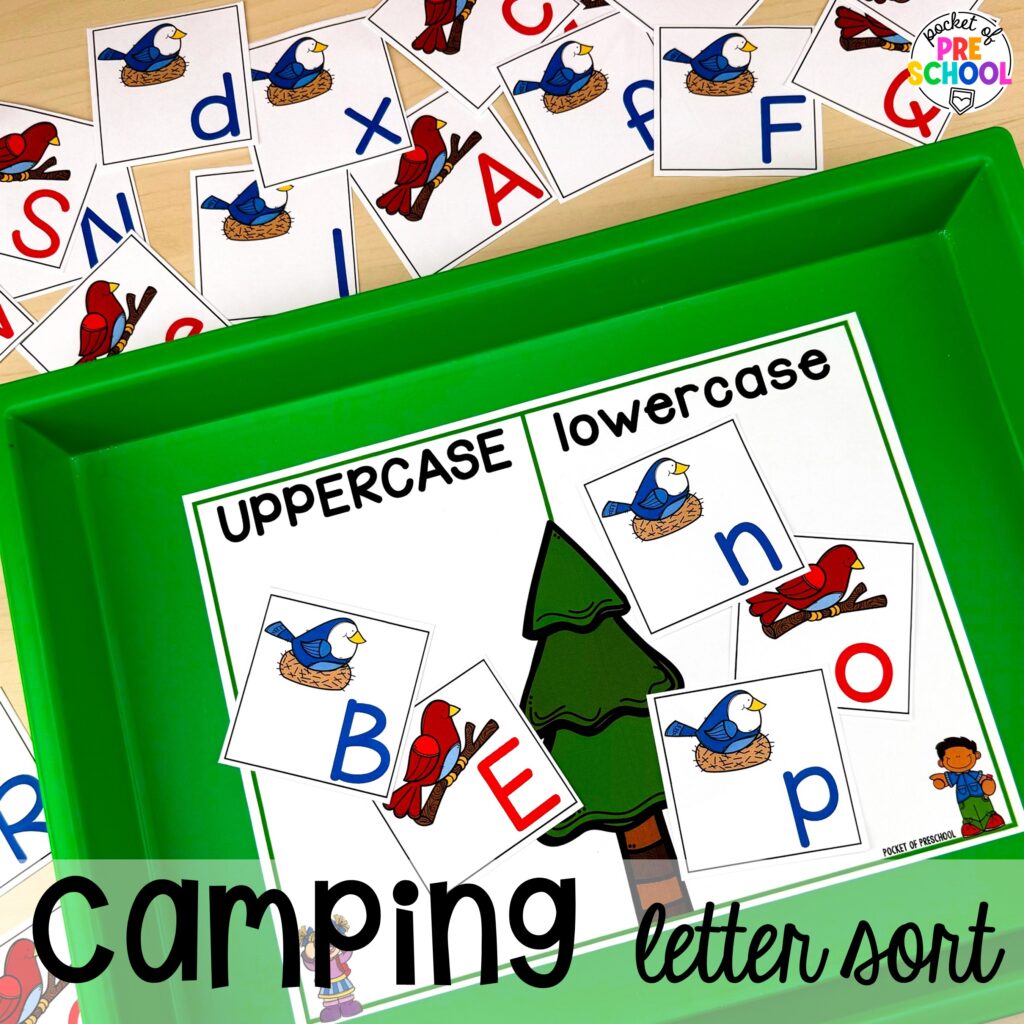 Camping letter sort! Camping themed centers made for preschool, pre-k, and kindergarten students to develop math, literacy, science, fine motor, and tons of other skills.