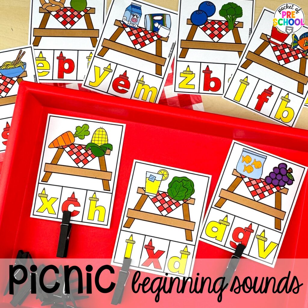Picnic beginning sounds! Camping themed centers made for preschool, pre-k, and kindergarten students to develop math, literacy, science, fine motor, and tons of other skills.
