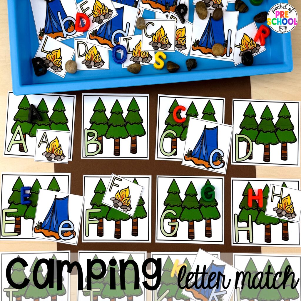 Camping letter match! Camping themed centers made for preschool, pre-k, and kindergarten students to develop math, literacy, science, fine motor, and tons of other skills.
