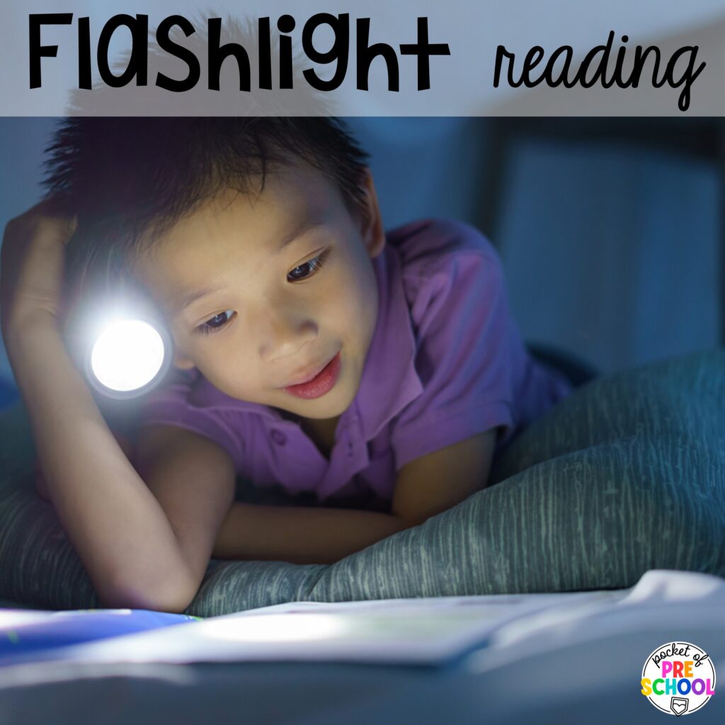 Flashlight reading! Camping themed centers made for preschool, pre-k, and kindergarten students to develop math, literacy, science, fine motor, and tons of other skills.