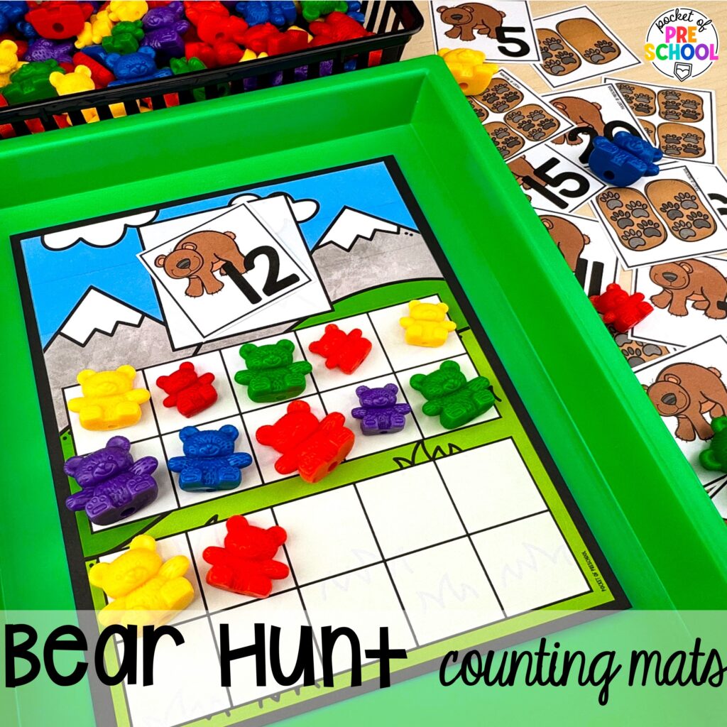 Bear hunt counting mats! Camping themed centers made for preschool, pre-k, and kindergarten students to develop math, literacy, science, fine motor, and tons of other skills.