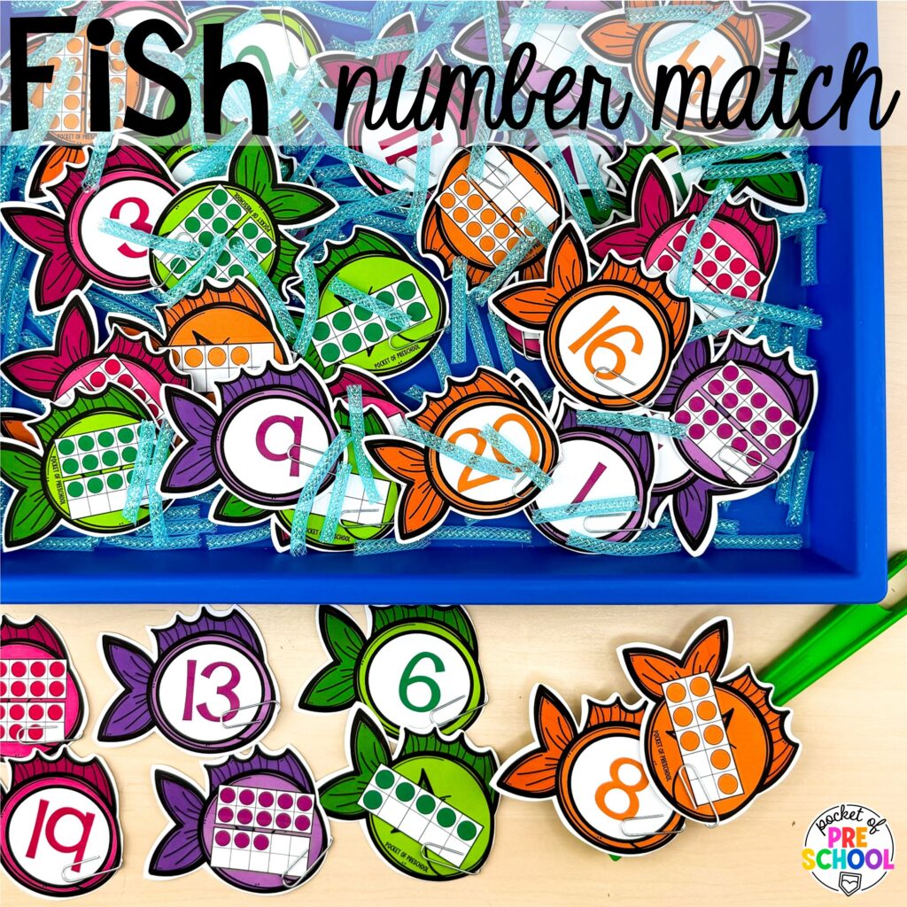 Fish number match! Camping themed centers made for preschool, pre-k, and kindergarten students to develop math, literacy, science, fine motor, and tons of other skills.