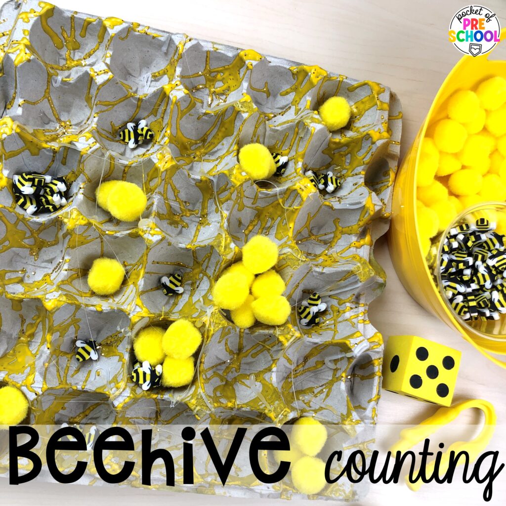 Beehive counting! Camping themed centers made for preschool, pre-k, and kindergarten students to develop math, literacy, science, fine motor, and tons of other skills.