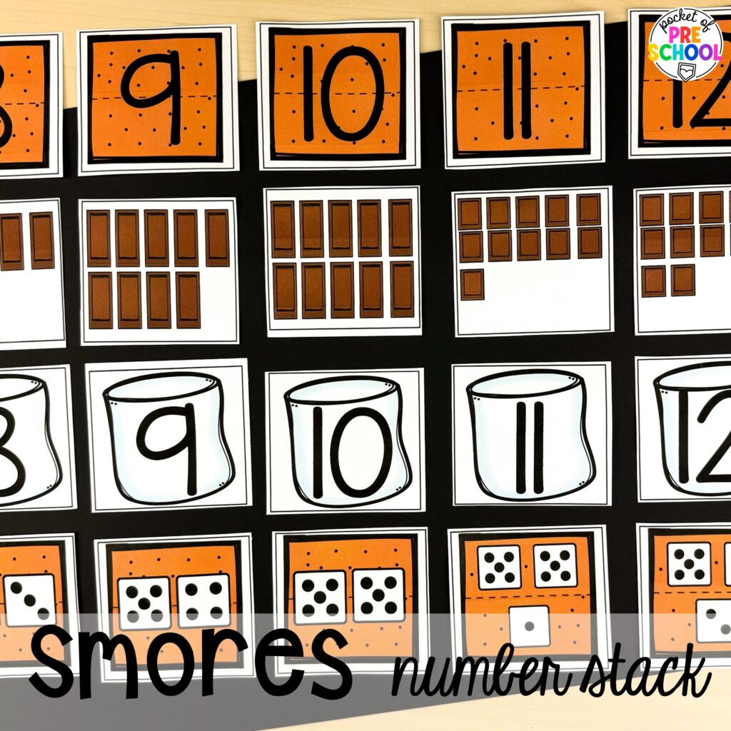 Smores number stack! Camping themed centers made for preschool, pre-k, and kindergarten students to develop math, literacy, science, fine motor, and tons of other skills.