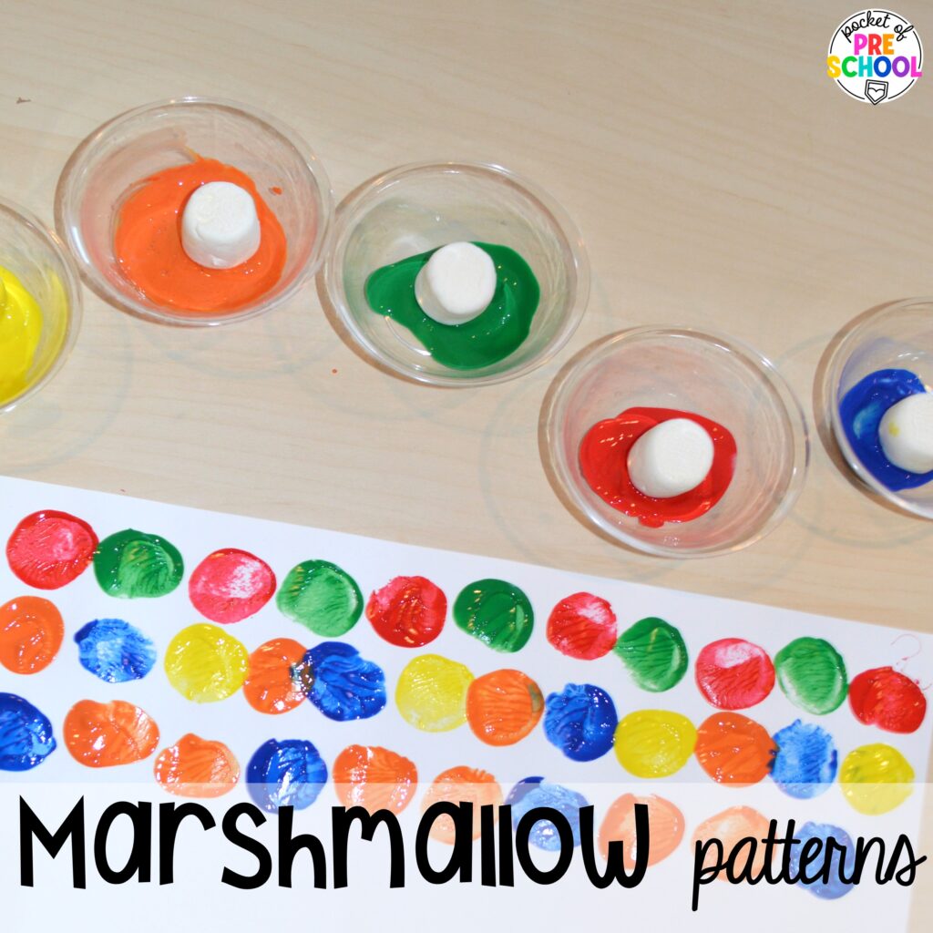 Marshmallow patterns! Camping themed centers made for preschool, pre-k, and kindergarten students to develop math, literacy, science, fine motor, and tons of other skills.