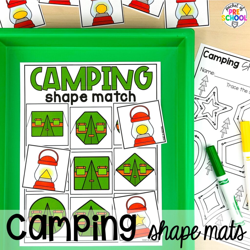 Camping shape mats! Camping themed centers made for preschool, pre-k, and kindergarten students to develop math, literacy, science, fine motor, and tons of other skills.