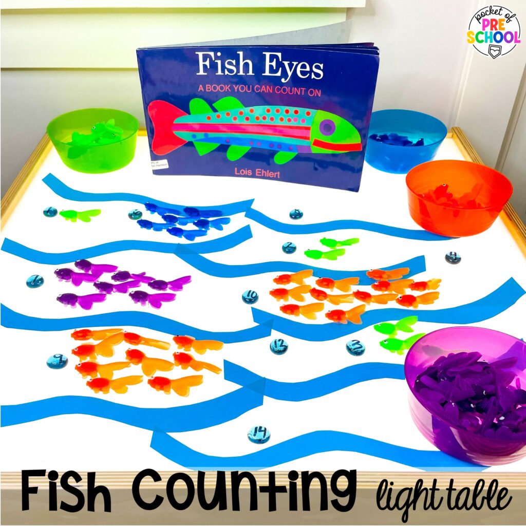 Fish counting light table! Camping themed centers made for preschool, pre-k, and kindergarten students to develop math, literacy, science, fine motor, and tons of other skills.