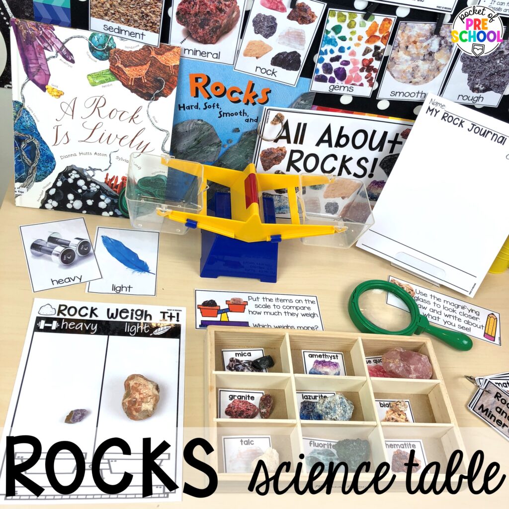 Rocks science table! Camping themed centers made for preschool, pre-k, and kindergarten students to develop math, literacy, science, fine motor, and tons of other skills.