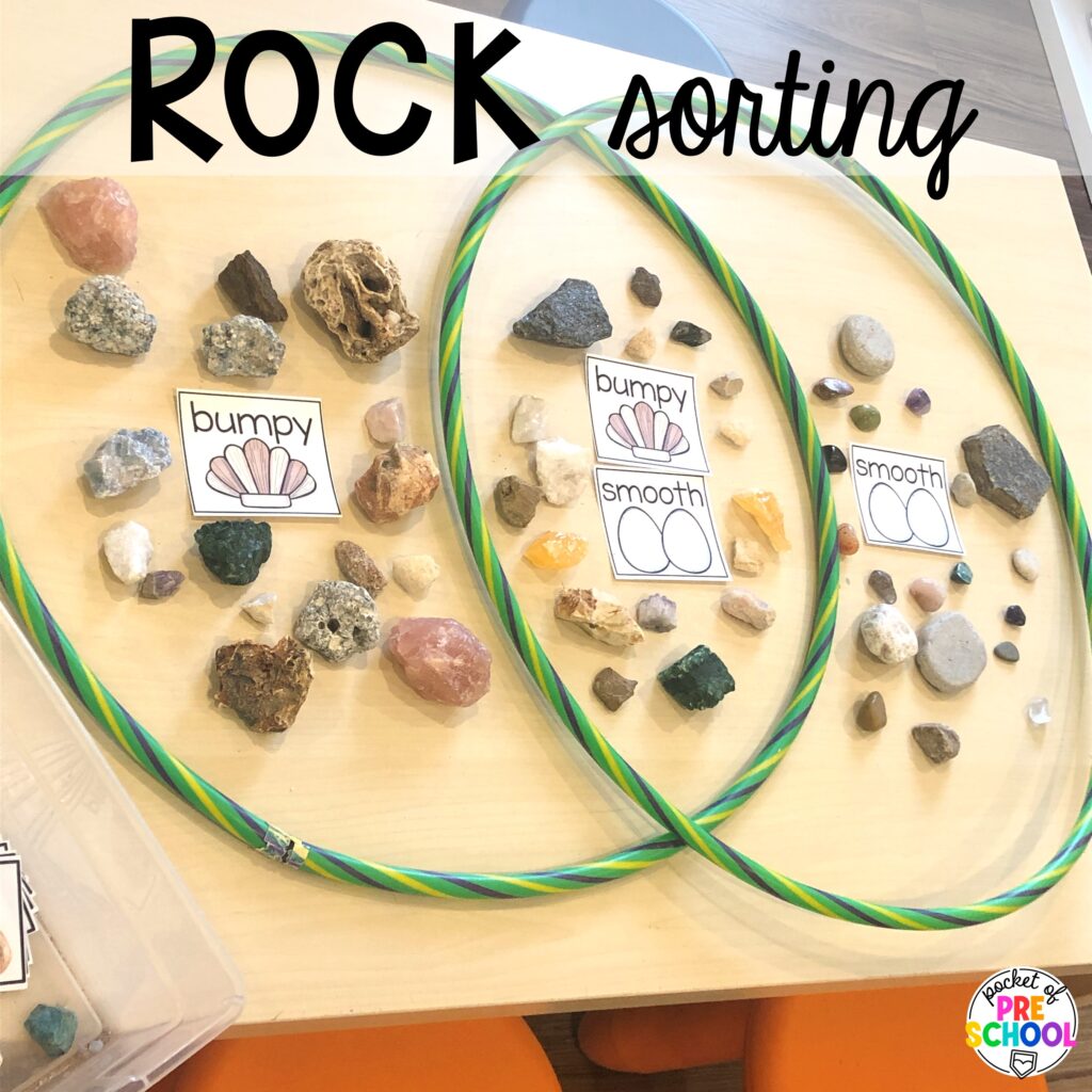 Rock sorting! Camping themed centers made for preschool, pre-k, and kindergarten students to develop math, literacy, science, fine motor, and tons of other skills.
