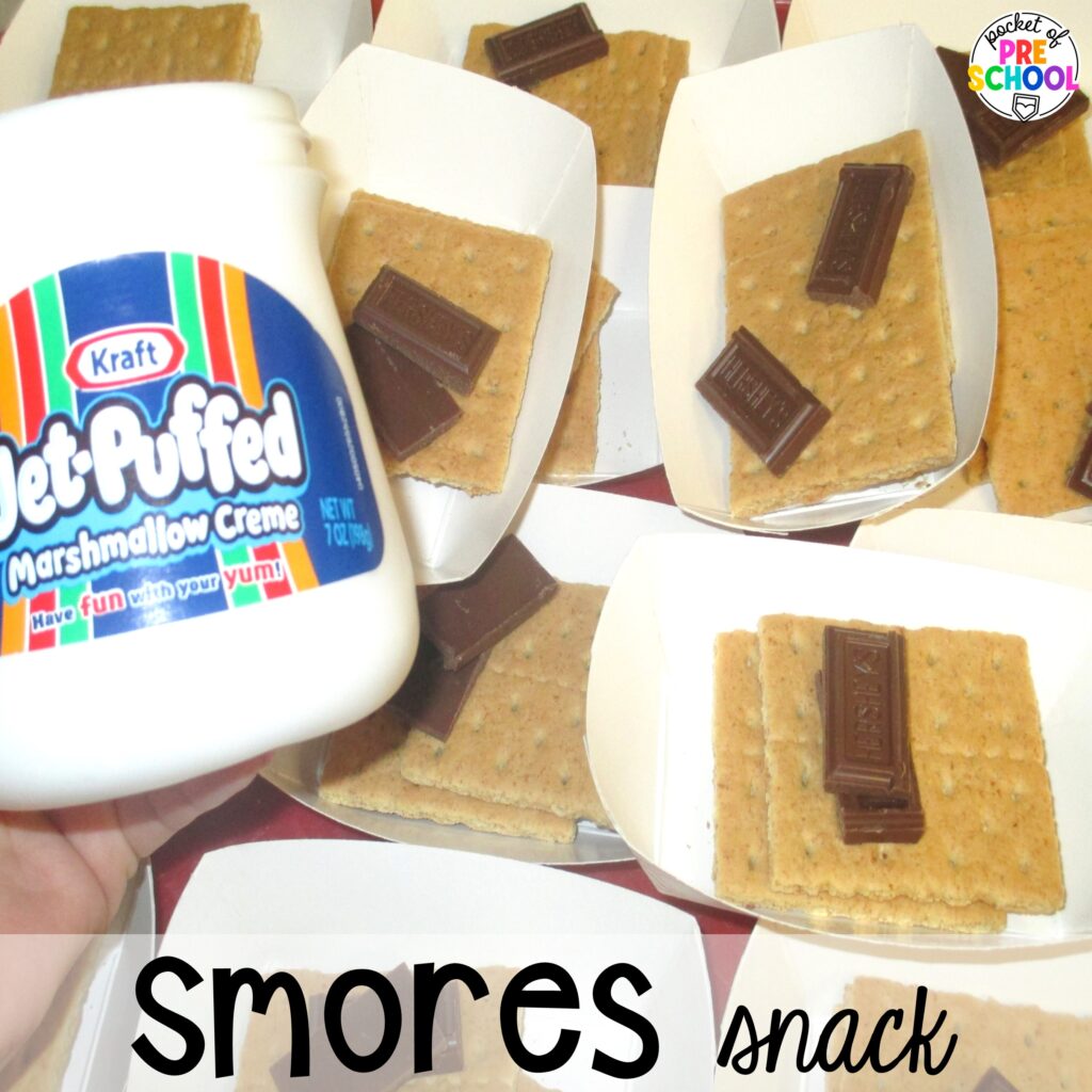 Smores snack! Camping themed centers made for preschool, pre-k, and kindergarten students to develop math, literacy, science, fine motor, and tons of other skills.