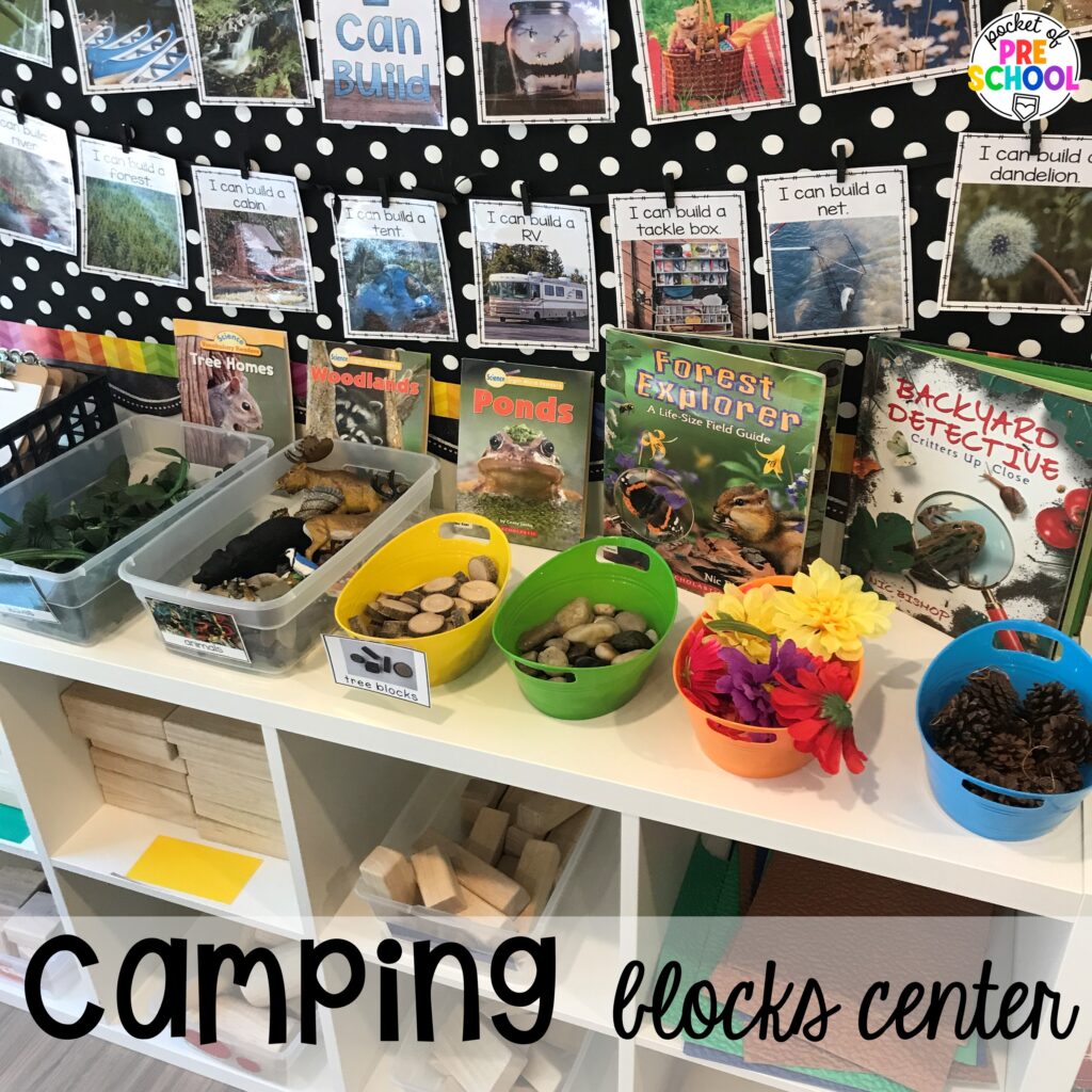 Camping blocks center! Camping themed centers made for preschool, pre-k, and kindergarten students to develop math, literacy, science, fine motor, and tons of other skills.