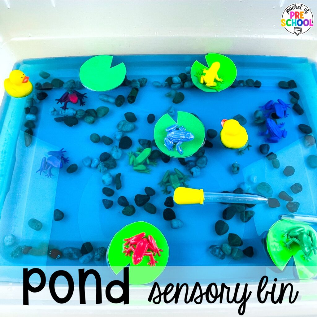 Pond sensory bin! Camping themed centers made for preschool, pre-k, and kindergarten students to develop math, literacy, science, fine motor, and tons of other skills.