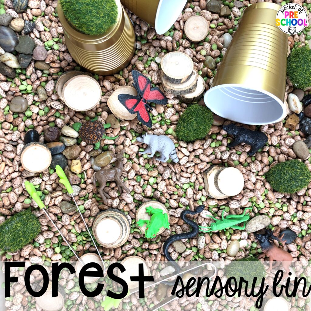 Forest sensory bin! Camping themed centers made for preschool, pre-k, and kindergarten students to develop math, literacy, science, fine motor, and tons of other skills.