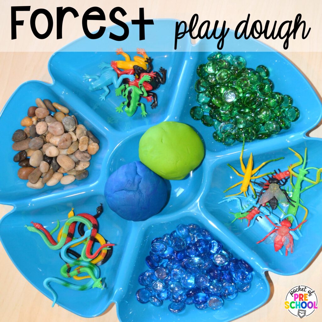 Forest play dough! Camping themed centers made for preschool, pre-k, and kindergarten students to develop math, literacy, science, fine motor, and tons of other skills.
