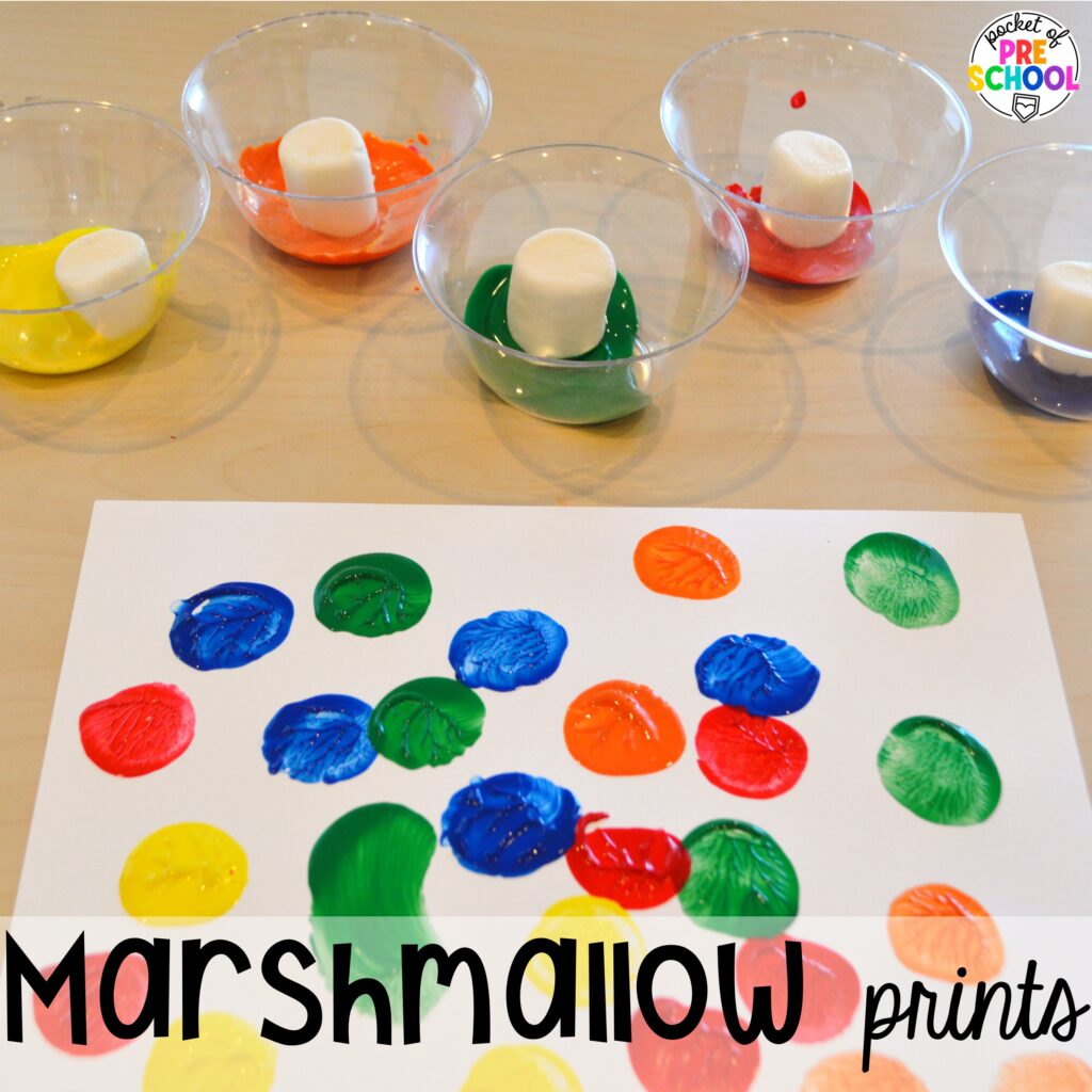 Marshmallow prints! Camping themed centers made for preschool, pre-k, and kindergarten students to develop math, literacy, science, fine motor, and tons of other skills.
