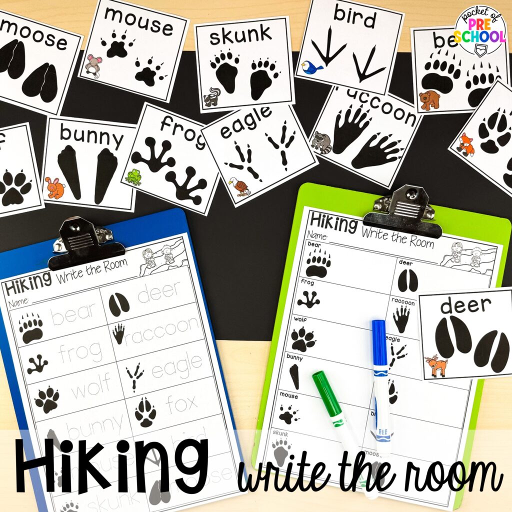 Hiking write the room! Camping themed centers made for preschool, pre-k, and kindergarten students to develop math, literacy, science, fine motor, and tons of other skills.