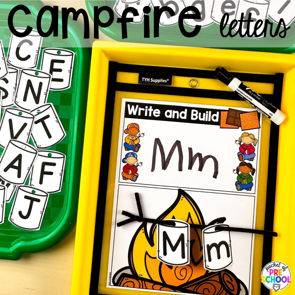 Campfire letters! Camping themed centers made for preschool, pre-k, and kindergarten students to develop math, literacy, science, fine motor, and tons of other skills.