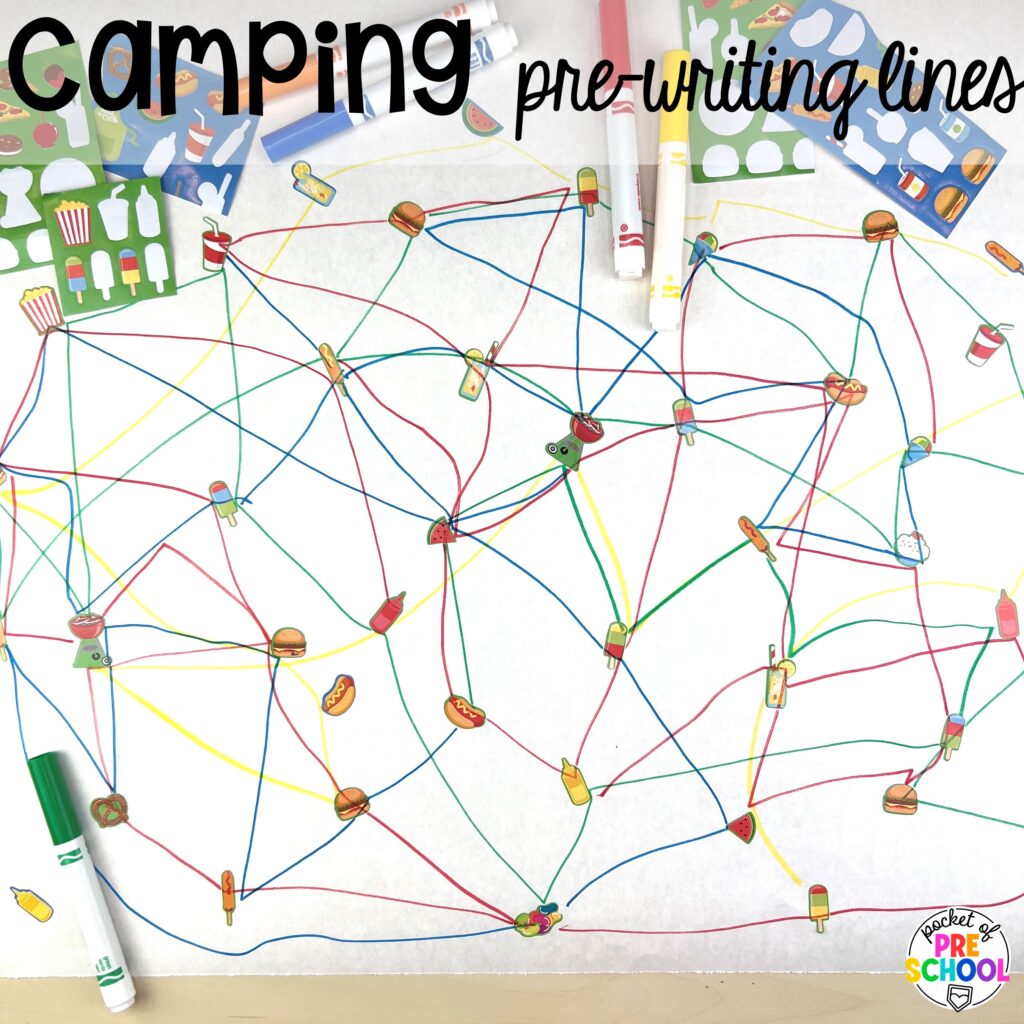 Camping pre-writing lines! Camping themed centers made for preschool, pre-k, and kindergarten students to develop math, literacy, science, fine motor, and tons of other skills.