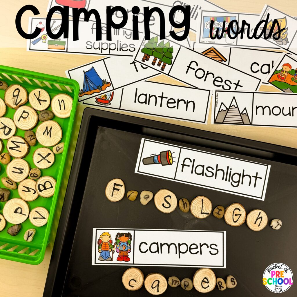 Camping words! Camping themed centers made for preschool, pre-k, and kindergarten students to develop math, literacy, science, fine motor, and tons of other skills.