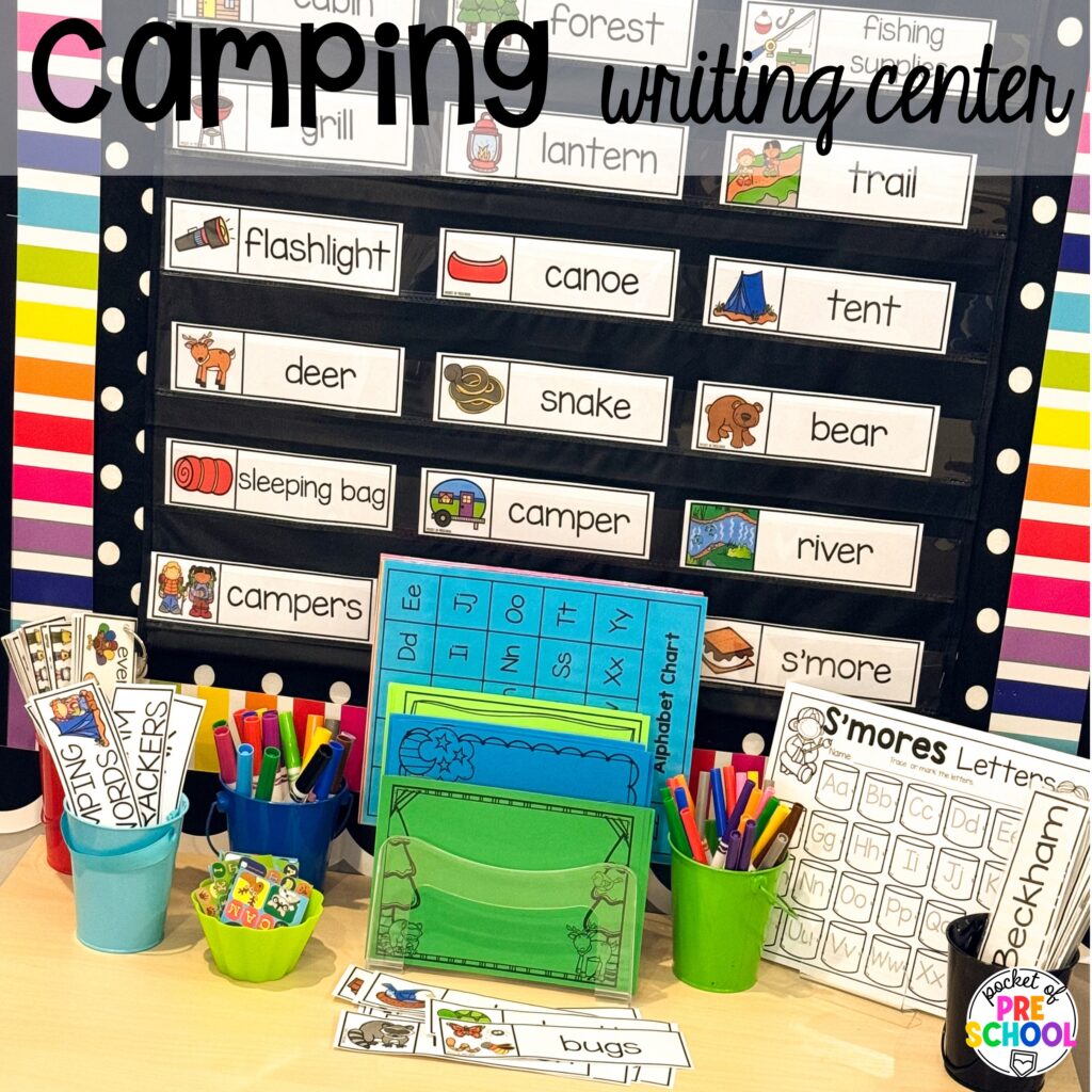 Camping writing center! Camping themed centers made for preschool, pre-k, and kindergarten students to develop math, literacy, science, fine motor, and tons of other skills.