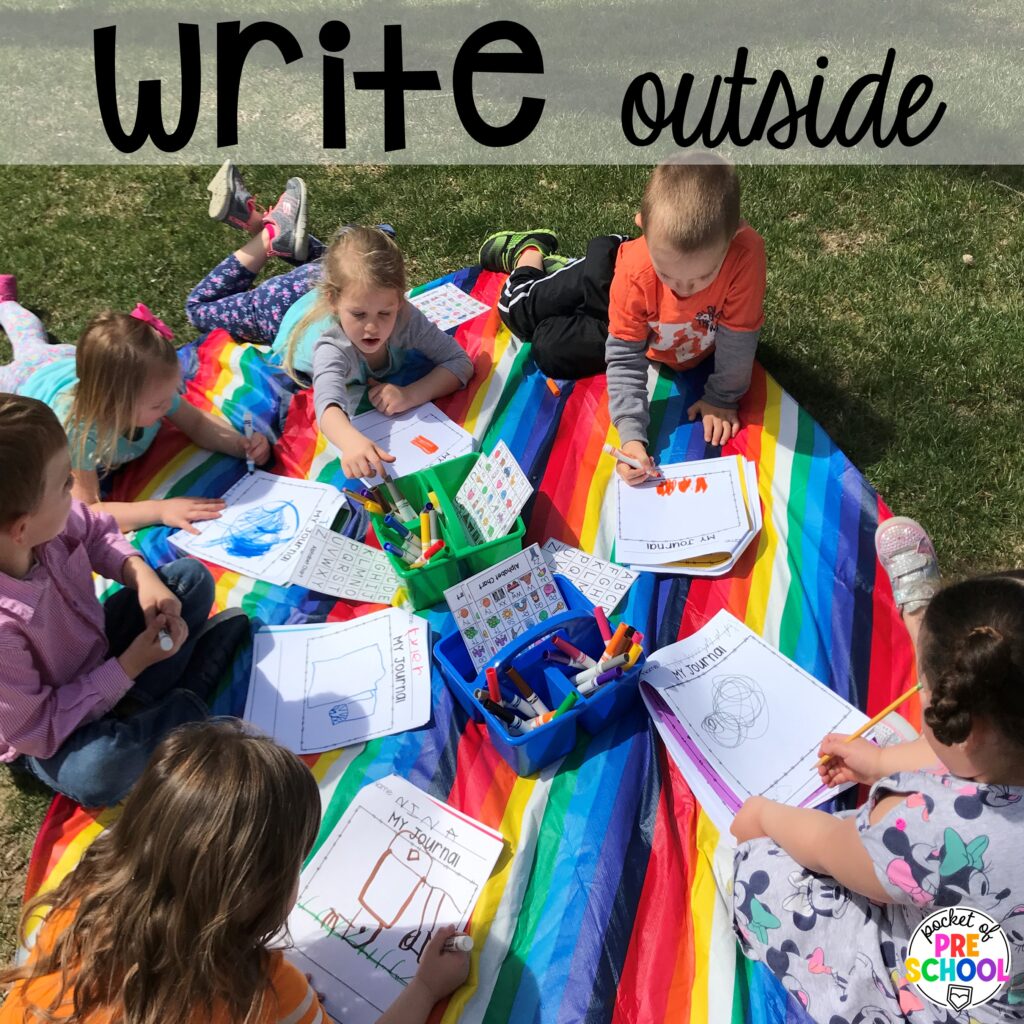 Write outside! Camping themed centers made for preschool, pre-k, and kindergarten students to develop math, literacy, science, fine motor, and tons of other skills.