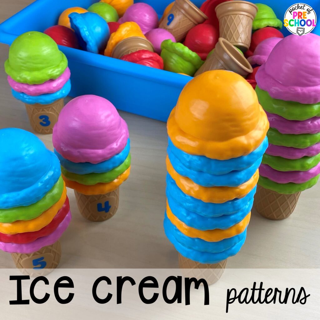 Ice cream patterns! Ideas and activities for an ice cream theme in your preschool, pre-k, and kindergarten room.